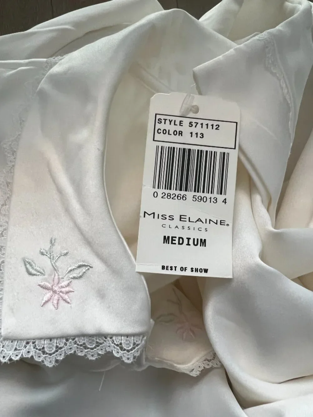 Miss Elaine Vintage-Style Brushed Back Satin Nightgown, NWT, White, M